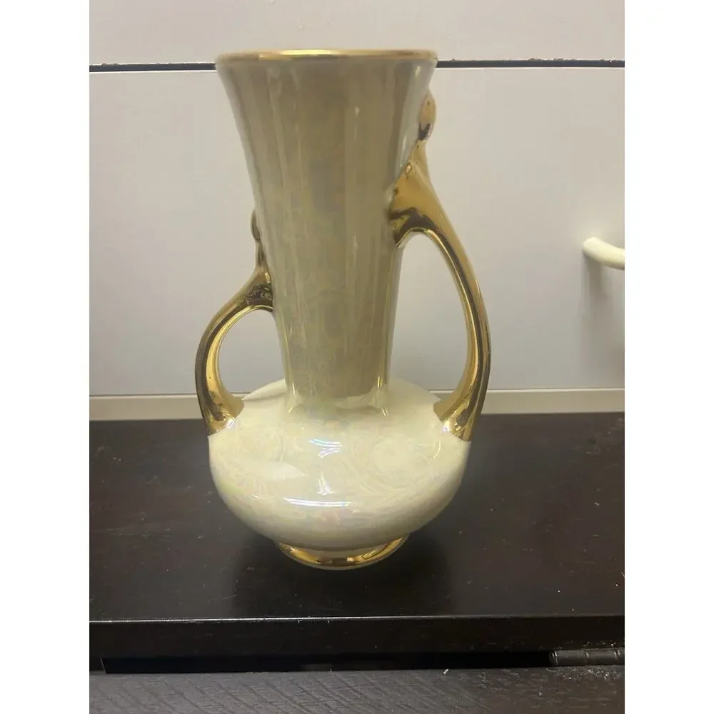 Vintage Lusterware Pearl China 2 Handled Vase 7 3/4